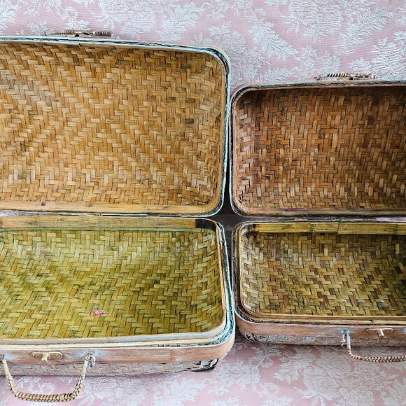 Vintage Pair of Vintage Woven Bamboo Wicker Suitcases - Picture 7 of 14